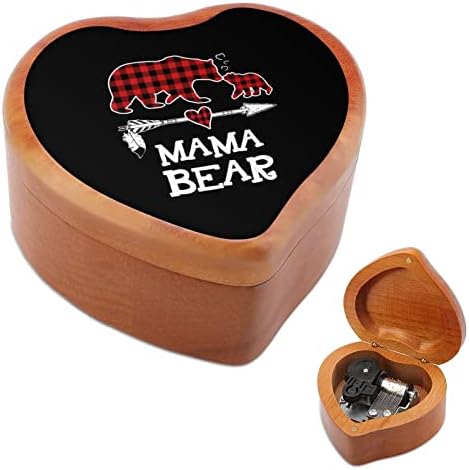 Crvena karirana bivola mama medvjed drvena glazbena kutija srce oblik windup glazbena kutija vintage drveni clokovni hod glazbeni box