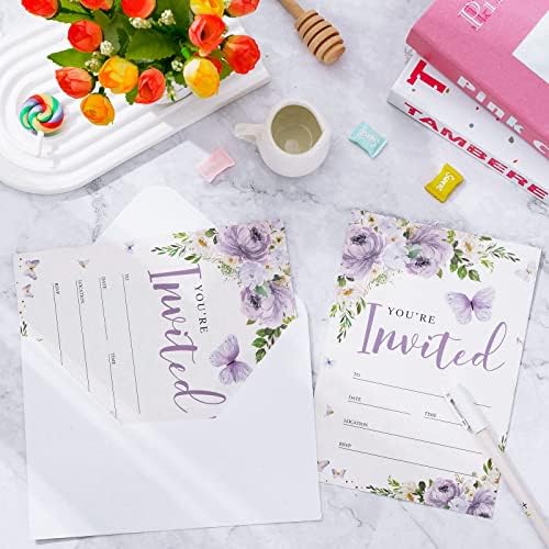 20 kompleta ljubičastih cvjetnih pozivnica s leptirima i naljepnicama za omotnice 5-inčni 7-inčni proljetni akvarel pozivnice za papir