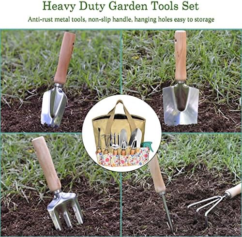 Alati za vrt Set 25pcs, vrtlarske poklone za žene, sočni alat otporan na hrđu, teške ručne alatne setove s cvjetnom organizatorskom