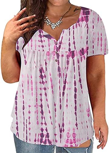 Žene plus size V-izreza za kravate boje za ispis gumb Kratki rukavi ruširani pulover majica majica bluza