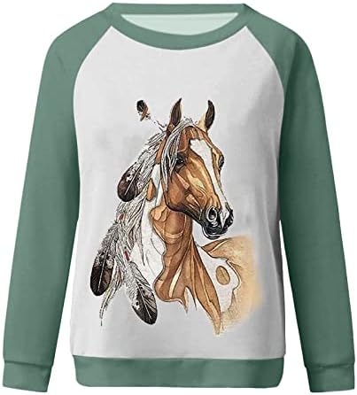 Ležerni konji za printu za žene za žene pulover dugih rukava jeseni modni posada raglan košulje labave tunike vrh