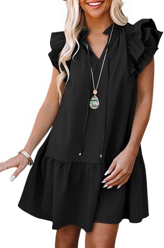 2023. ljetna Mini haljina sarafan s izrezom u obliku slova U, vezicama i volanima, kratkim rukavima i bočnim džepovima