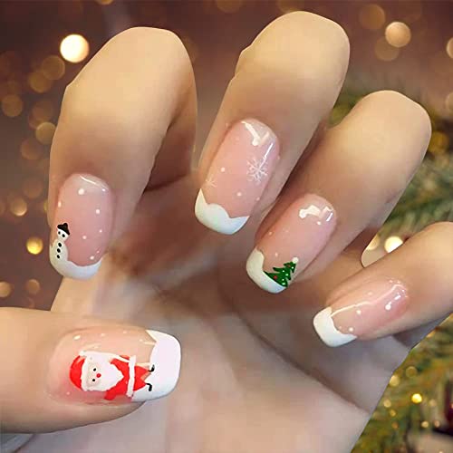 24pcs božićna tiska na noktima kratki kvadratni lažni nokti s slatkim snjegovima Djed Mraz Claus dizajni, francuski vrhovi pritisnite
