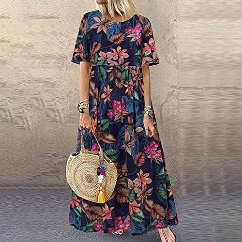 Ljetna moda za žene, žene plus veličine O-Neck cvjetni print vintage kratki rukav duga maxi haljina