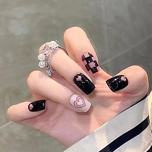 Valentinovo pritisnite na noktima Kratko kvadratno crno srce ružičasti sjaj Slatke lažne nokte akrilno ljepilo na dizajnu noktiju Potpuno