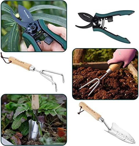 Set vrtnih alata za bobice i ptice, 4-dijelni set vrtnih alata od nehrđajućeg čelika s drvenom ručkom, lopatica i grablje, vrtne škare