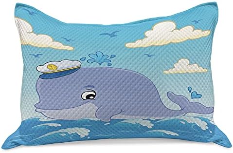 Ambasonne crtić pleteni jastuk od prekrivača, tematska slika kita s kapetanom šeširom na oceanskom nebu, standardni poklopac jastuka