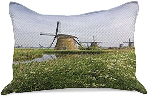Ambasonne vjetroelektrana Pleteni jastuk od prekrivača, seoski krajolik Nizozemska proljetna procvjetajući peršin, standardni jastuk