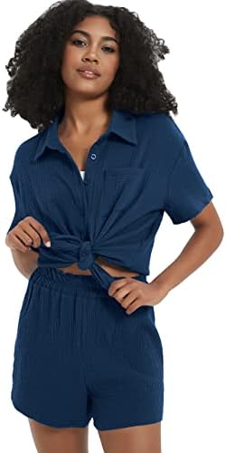 Pehmea ženska casual 2 -komadna odjeća pamučna lanena gumb dolje košulja gornja papirnata vrećica kratke hlače sets postavlja tracksuit
