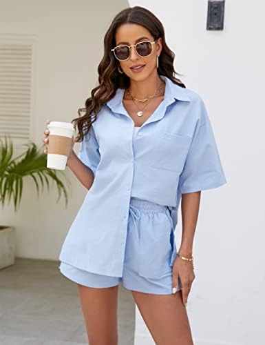 Rousytn ženska 2 -komadna odjeća ljetna pamučna lanena setova gumb kratkih rukava dolje košulja kratke kratke hlače
