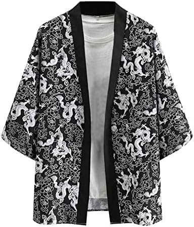 UBST japanski kimono kardigan za mušku, labav otvoreni prednji 3/4 rukave bijele dizalice cvjetni print casual lagana jakna s majicama