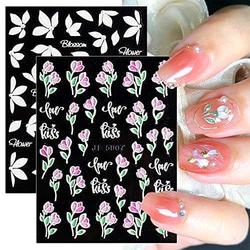 3D cvjetne naljepnice za nokte, 7 listova 5d samoljepljiva reljefna naljepnica za nokte Bijelo ružičasto ružičasto dekoracije za nokte