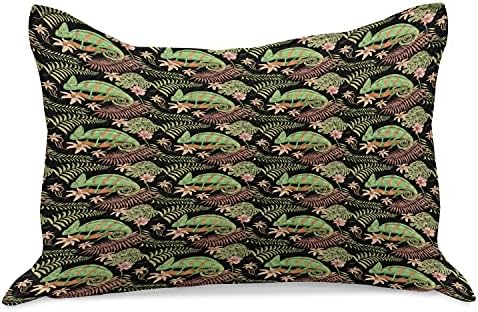 Ambasonne Tropical Pleted Quilt Jastuk, kameleonski gušter i divlji cvjetnici u egzotičnom scenskom gmazovu, standardni poklopac jastuka