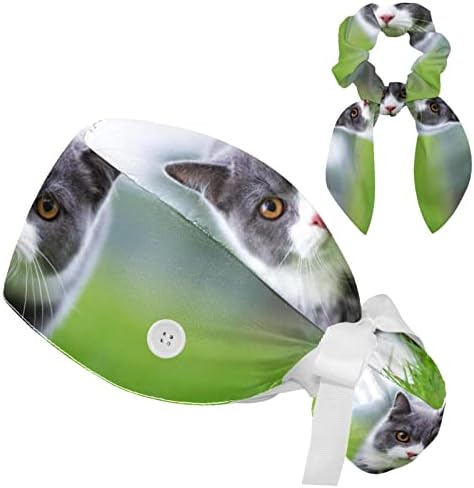 Kapice za piling s kravate za kosu Ženski držač repa Radna kapa s gumbima Britanska kratkodlaka mačka koja se igra na travi