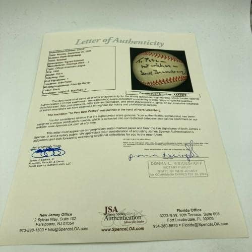 Hank Greenberg Single potpisao Vintage American League Baseball JSA CoA - Autografirani bejzbols