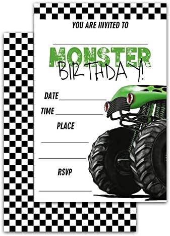 Pozivnice za rođendan s omotnicama, set od 20, Poziv za rođendan čudovišta, proslava proslave proslave trkačkih automobila za djecu