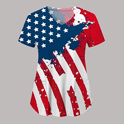 4. srpnja vrhovi za žene američke zastave ljetni kratki rukav v vrat bluza s 2 džepa Smiješno odmor casual radna odjeća