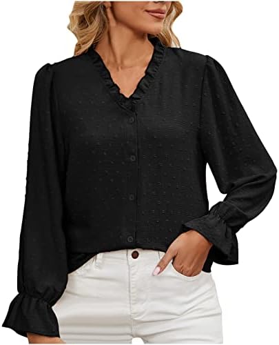 Proljetni i ljetni vrhovi za žene 2023 modni ruffle v-izreziva bluza Čvrsta boja šifonska košulja s dugim rukavima