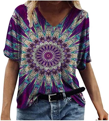 Ženski ljetni kratki rukavi V vrat šareni cvjetni tiskani tunični tees trendi casual labavi plus size vrhovi bluza